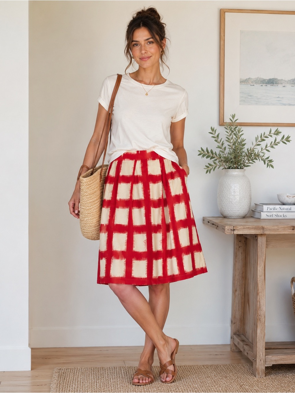 Liz Claiborne Red & cream a Line Skirt knee length cotton linen blend cottagey